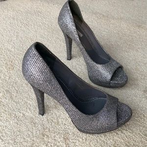 Vera Wang Silver Sparkle Open Toe Stilettos